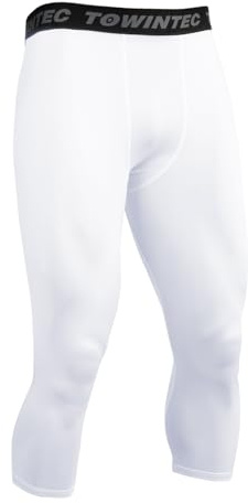 Towintec 3/4 Compression Leggings Men Basketball Tights Cool Skins Pants Dry Fit Athletic Base Layer Underwear Compression Bottoms Workout Sports Trousers Running Yoga Gym White