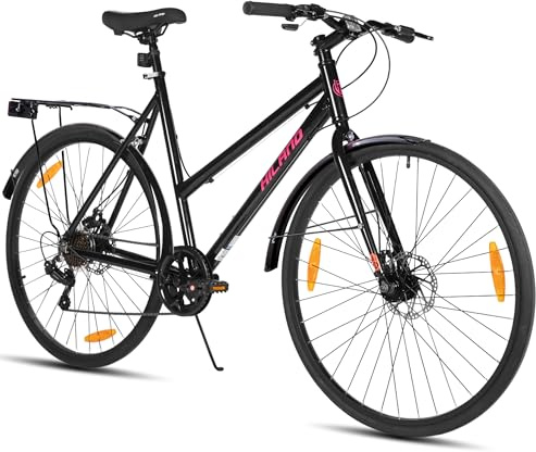 HILAND Bicicleta de Carretera 28 Pulgadas 700C, Bicicleta Urbana de Aluminio con 7 Velocidades y Frenos de Disco, Bicicleta de Ciudad Cómoda para Hombre y Mujer, Negra