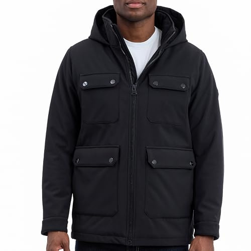 Michael Kors Mens Four Pocket Softshell Jacket with Faux Sherpa Lining, Wind and Water Resistant, Black, Large