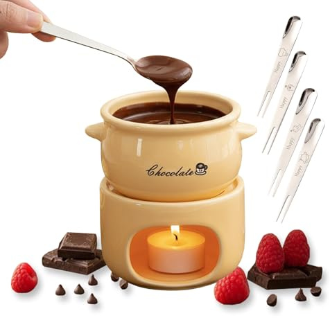OFFAXE Tazza per fonduta di Cioccolato, Tazza per fonduta, Mini fonduta di Cioccolato con 4 Forze per fonduta in Porcellana, Ideale per sciogliere Il Cioccolato e Si Adatta Perfettamente ai Biscotti