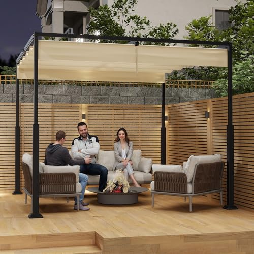 UISEBRT Metallisk pergola, 3 x 3 m, vattentät, stabil, vinterbeständig, paviljong med lamelltak, fristående överkapp med skjuttak, solbränna för trädgårdar och terrasser, beige