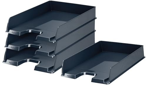 Rexel Choices A4 Letter Tray, Stackable & Stepped Document Organiser with Textured Sides, Label Area, Sturdy Plastic, Black, Pack of 4, 2115735