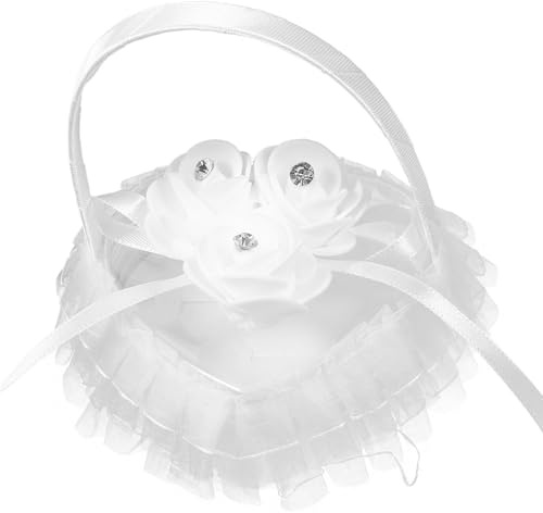 Vaguelly Boîte à Bague de Fiançailles Mini en Dentelle et Satin Blanc de Cœur, Coussin Porte Alliance Élégant et Simple pour Cérémonie de Mariage