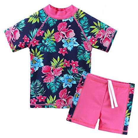 ZNYUNE Ragazze Sunwear - Bambina Bambini Junior Maniche Corte Due Pezzi Costumi Bagno da Maglietta e Pantaloncini Rash Guard Anti UV UPF 50+ Set Spiaggia