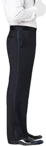 RGM Pantalones de esmoquin para hombre con rayas laterales de satén, pantalones de vestir formales clásicos, ideales para bodas, eventos y fiestas de corbata negra, Corte ajustado en color negro., 31W
