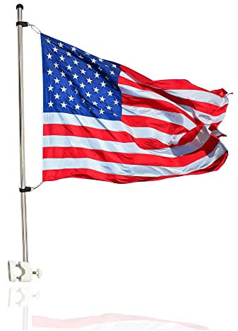 MARINE CITY 304 Stainless Steel Rail Mounted Pole Base Bright Polished Finish Flag Rod Staff and White Plastic Flag Pole Base and 12 x 18 Inches US Flag for Boats – Yachts – Marines (Pack of 1)
