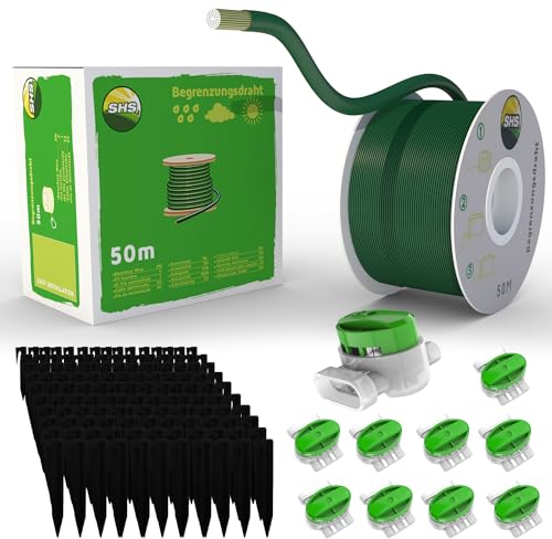 Cavo di confine da 50 m + 150 picchetti + 10 connettori per cavi per robot tosaerba, set di accessori per cavi di ricerca, compatibile con Gardena/Bosch/Husqvarna/Worx/Honda/Robomow
