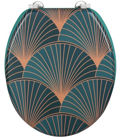 WENKO WC-Sitz Mod. Aira, Toilettensitz aus MDF, FSC® Zertifiziert, schwere rostfreie Edelstahl-Befestigung und Deckel mit geometrischem Motiv im Art-Deco-Stil, (B x T): 35,5 x 42,5 cm, Mehrfarbig