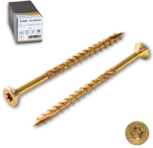 STRÜBER Vis à bois à tête fraisée à empreinte Torx pour structures en bois (5x100 mm / 200 pièces) - Vis pour terrasse bois - Vis à panneaux d'aggloméré - Vis de construction de toit - Jaune
