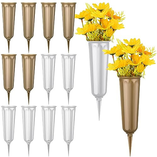 12 vasi da cimitero con punte, in plastica, vasi commemorativi per fiori da tomba, con paletti, per prato, lapide, decorazione per tomba, fiori freschi artificiali (bianco, bronzo)