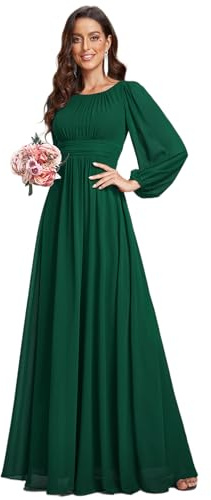 Ever-Pretty Robe pour Mariage Invité Femme Longue Manches Longues Col Rond Mousseline Chic Vert Foncé 50