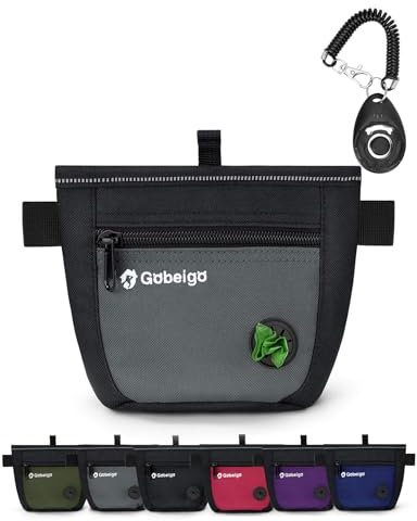 Gobeigo Hunde Leckerlibeutel und Training-Clicker, zwei magnetische Verschlüsse gegen Verschütten, 2-Tassen Leckerlitasche mit Hundekotbeutel-Spender, Metall-Clip Gürteltasche für Hundespaziergang