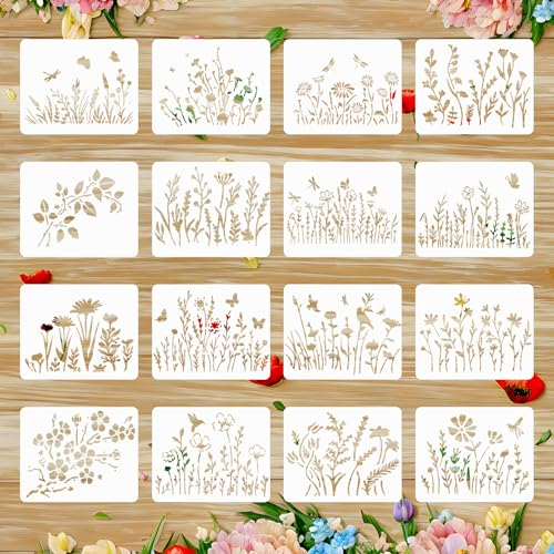 Ymapinc 16 Stück Wiederverwendbare Wildblumen Schablonen Blumen Schablone 16x13cm Schablonen Natur Blumen Vorlagen Plant Schablone für DIY Handwerk Heimdekoration Scrapbooking Malerei