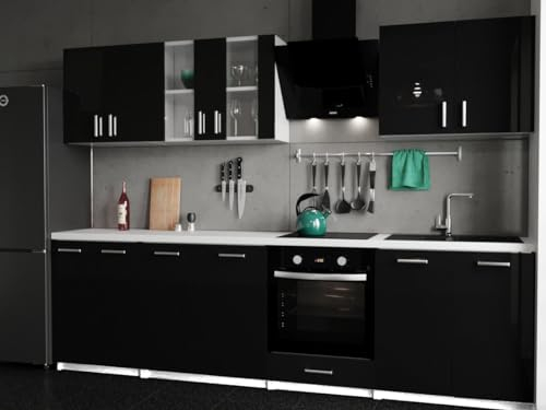 roe furniture Küchenzeile ohne Elektrogeräte - Modern Einbauküche 280 cm - Küche Komplett Leco - Küchenblock - Geräumige Singleküche - Küchenmöbel Komplett Schwarz Hochglanz & Weiße Arbeitsplatte