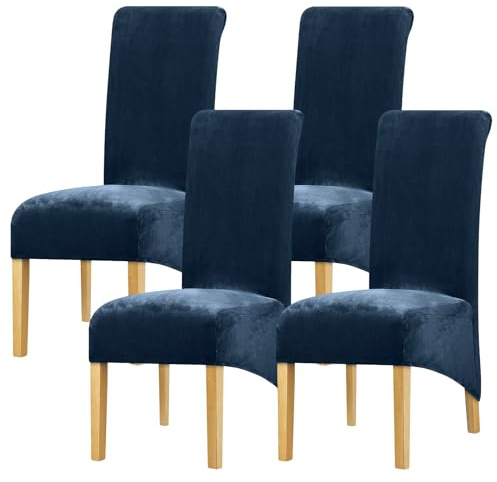 Leorate Velvet Stretch Dining Chair Covers Set of 4 – Soft Elastic High Back Chair Slipcovers, Washable Removable Furniture Protector for Kitchen, Banquet & Wedding Decor (Navy Blue)