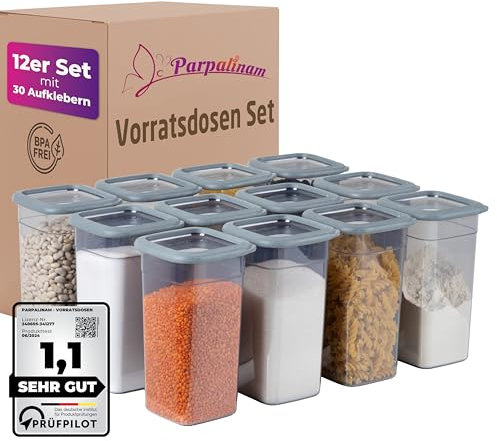 Parpalinam Vorratsdosen mit Deckel Luftdicht, 12er 1,44 L Vorratsbehälter Set, Aufbewahrungsbox Küchen Organizer, BPA frei, Küche Aufbewahrung & Organisation für Cornflakes Mehl Müsli