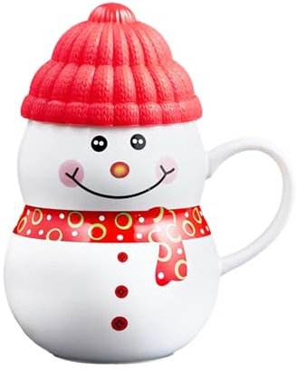 PLUSHCEWT Christmas Coffee Mug, Snowman-Shaped Ceramic Teacup with Soft Plastic Lid Made of C Material in The Same Colour, 400ml (Red)