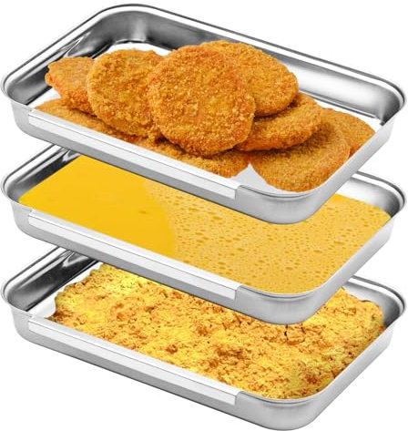 LYHLYA Breading Trays Set of 3 Dredging Trays for Cooking, Stainless Steel Breading Pans Set for Marinating Meat, Chicken, Fish, Food Prep Tray