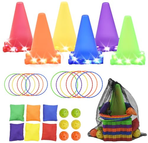 Coriver 3 in 1 Wurfspiel Kinder Outdoor, 31 Pcs Ball Bean Bag Game, Ringwurfspiel Set mit LED-Licht, Party Wurfspiel Indoor Aktivitäten für Kinder ab 3 Jahre, Cornhole Spiel Outdoor für Erwachsene