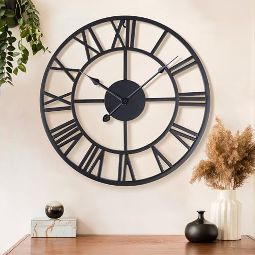 Lafocuse 40 cm stor svart väggklocka tyst metall romerska siffror klockor med 2 par visare, modern dekorativ heminredning för vardagsrum sovrum kontor kök