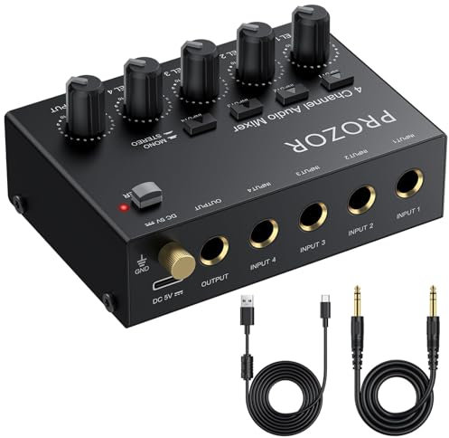 PROZOR Mezclador Audio 4 Canales Compacto USB-C - Control Volumen Independiente, 4 Entradas/Salidas 6,35mm, Interruptor Estéreo Mono, Bajo Ruido para Micrófono Guitarra Bajo DJ Streaming Grabación