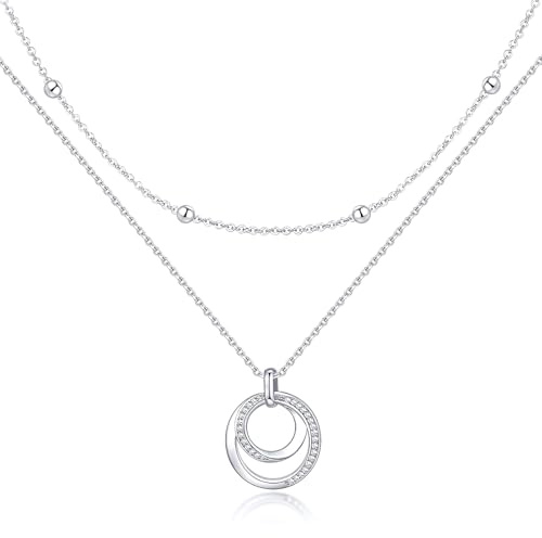 TempBeau Halskette Damen Kette Silber Frauen - Halsketten Verstellbar aus Kupfer, Layering Kette Damen mit Möbius Doppelring Anhänger, Damenkette Geschenk für Geburtstag Jahrestag Hochzeit