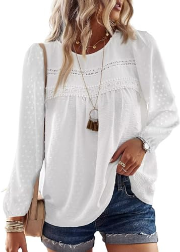 TUUHAW Chemise Femme Chic et Élégant Automne Grande Taille Manches Longues Bohème Top Col Rond Dentelle Décontracté Haut T-Shirts Fluide à Point Suisse Tunique Blanc XXL