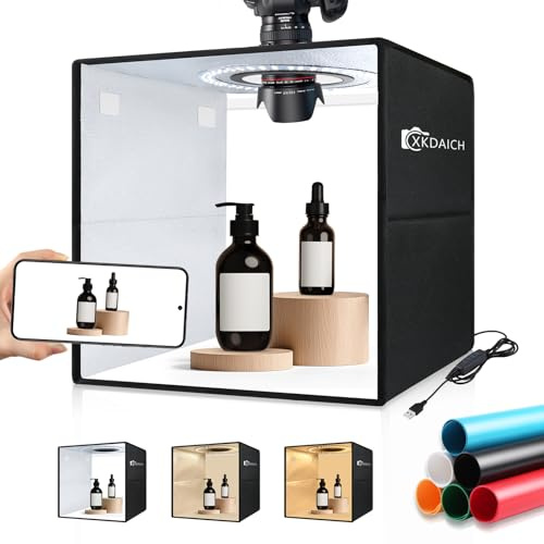 XKDAICH Scatola portatile pieghevole per studio fotografico da 30,5 x 30,5 cm, con luce ad anello dimmerabile, 3 temperature di colore e 6 sfondi per fotografia di prodotti, video di YouTube
