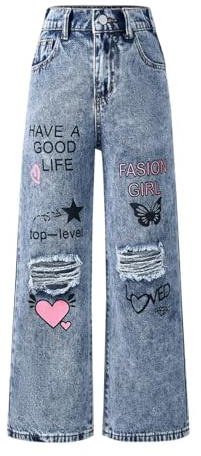 Momolaa UK Girls Cute Jeans Straight Wide Leg Jeans Letter Print Relaxed Fit Pants Streetwear Y2k Trousers Elastic High Waisted Loose Fit Demin Pants for Teenage Girls