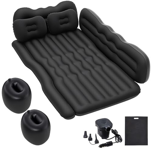 The Fellie Inflatable Car Air Mattress for Back Seat, Portable Car Camping Airbed with Electric Pump, Pillows & Carry Bag, Backseat SUV Air Mattress Outdoor Sleeping Rest Cushion for Traveling, Black
