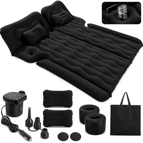 YYSWSAKY Matelas Gonflable Voiture, 1.75 * 1.35M Lit Gonflable pour Siège Arrière, Pompe et Oreiller, Matelas de Voiture SUV, Tissu Molletonné Épais, pour Voyage Camping Activités de Plein Air (Noir)