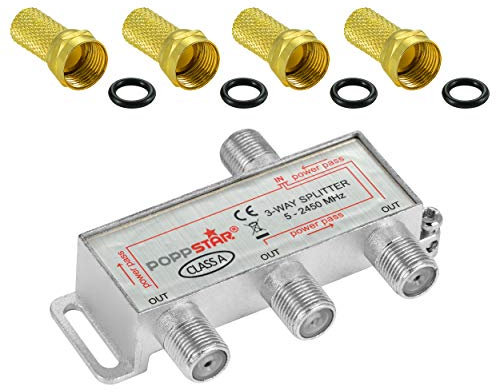 Poppstar Sat-Verteiler Splitter Umschalter 3-Fach inkl. F-Stecker (analog/digital/BK/unicable/HD/4K tauglich) für TV, Satellit, Fernseher, Radio, LNB