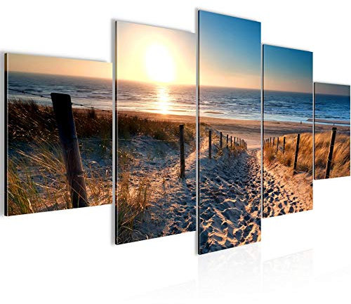 Väggmålningar Beach Sunset 5 Delar Bild på non-woven canvas dekorations vardagsrum Panorama Beige Blå 018452a