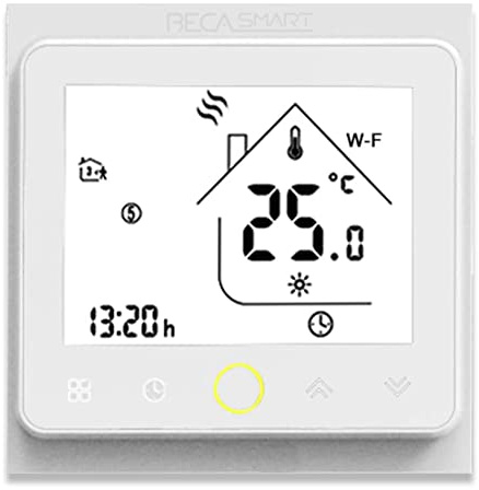 BecaSmart Series 002 Termostato Inteligente WiFi 16A para Calefacción Eléctrica, Termostato de Ambiente con Control por Voz y Programable Compatible con Tuya App, Alexa y Google Home(Blanco)