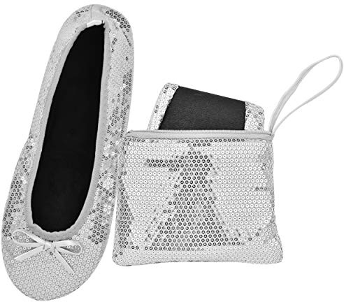 Women's Foldable Ballet Flats – Portable Flat Shoes for Travel and Wedding that Fit in Your Purse (L, Silver Sequin)