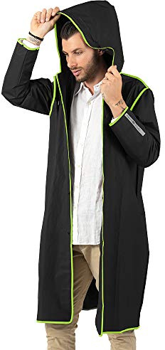 PERLETTI Imperméable Homme Femme Transparent Détails Réfléchissants - Poncho Pluie Long Capuche et Boutons - Veste Coupe Vent Etui Etanche - Anorak Réutilisable Léger (Noir Bordure Verte Citron, M)