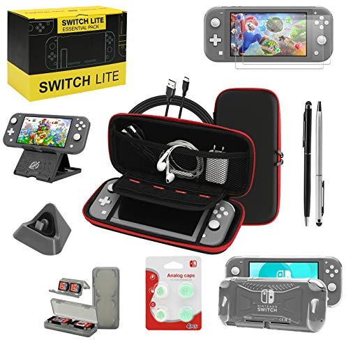 Switch Lite Zubehör-Set, Set mit Tragetasche, TPU-Schutzhülle Displayschutzfolie, Ladestation, Playstand, Spielkartenetui, USB-Kabel, Eingabestift, Daumengriffkappen für Nintendo (schwarz)