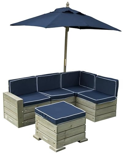 KidKraft Outdoor Ecksofa mit Hocker und Sonnenschirm für Kinder, Sitzgruppe für den Garten, Outdoor Gartenmöbel aus Holz für Kinder, 20177 [Exklusiv bei Amazon]