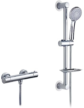 Ibergrif M21805-2 Columna Ducha, 38° Sistema Columna Ducha Termostática, Barra Ducha Pared con Rociador, Alcachofa, Manguera, Barra Ajustable y Soporte, Duchas de Baño Columna Cromo, Plata