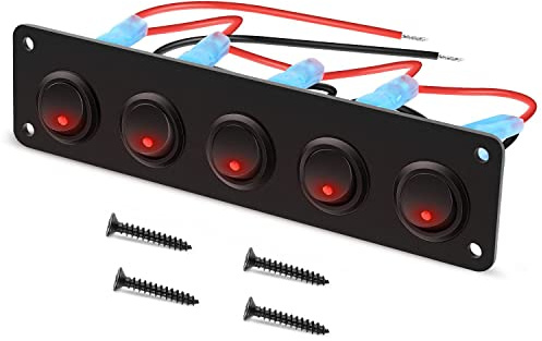 RUNCCI-YUN 12V pannello interruttore,Pulsante Interruttore Rotondo,12-24V 5 Gruppi Pannello interruttori a levetta LED,Pannello Interruttori a Bilanciere per Auto, Barca, Camion (Rosso)