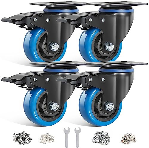 BAOLIHUI 75mm Blaue Lenkrollen 4pcs-Set Möbelrollen bis 500KG, 360° Drehung Schwerlastrollen mit Bremse, Schrauben und Staubschutzring im Set enthalten für den Innen- und Außenbereich