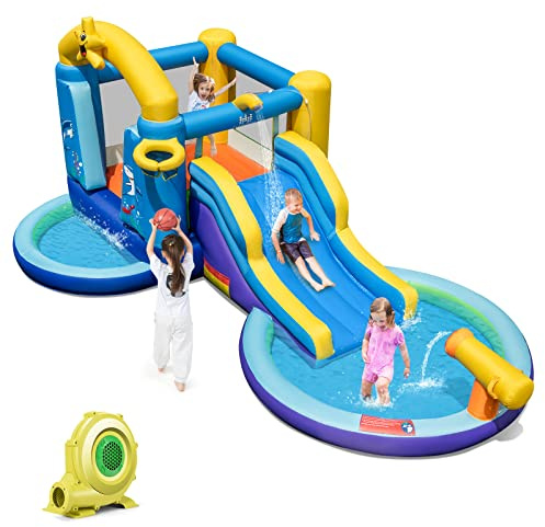 RELAX4LIFE Castello Gonfiabile per Bambini con Soffiatore 680W, Parco Acquatico Gonfiabile con Scivoli da Esterno, 50 Palline, 2 Piscine, Trampolino e Canestro da Basket, 490 x 290 x 220cm