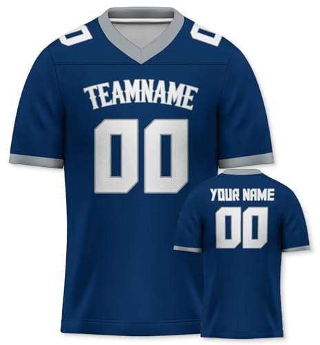Yolovi Personalisiertes American Football Trikot Print/Embroidery mit Namen Nummer Blank Practice Jersey Shirts Hip Hop Party Trikot für Herren Damen Kinder Deep Blau Grau