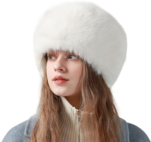 Peicees Winter Faux Fur Hat for Women Girls Russian Style Ladies Ushanka Fuzzy Furry Warm Fluffy Bucket Hat White
