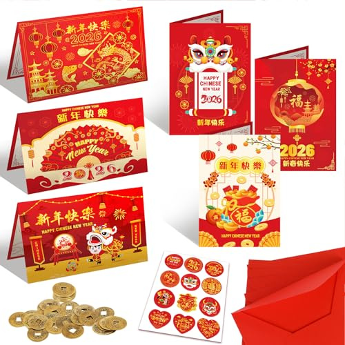DPKOW 2026 Chinese New Year Cards Gifts Set, 6 Greeting Cards with Red Envelopes + 6 Chinese Coins Lucky Fengshui+ 12 CHINESE New Year Stickers 2026, Year of the Horse Cards Gifts Set