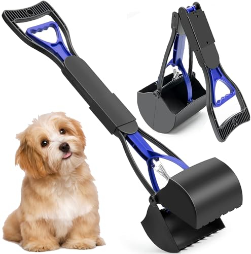 XFLYP Dog Pooper Scooper, 45cm Foldable Portable Pooper Scooper Long Handle, Ergonomic Design and Durable Double Springs, Pet Poop Waste Pick Up Rake for Dogs Cats for Grass Gravel Sand(Blue)