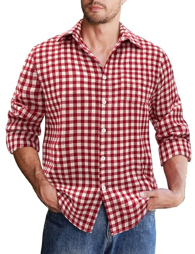 COOFANDY Rutiga skjortor för män långärmad normal passform flanellskjorta buttdown casual rutiga utomhusskjortor för män, Röd vit, L