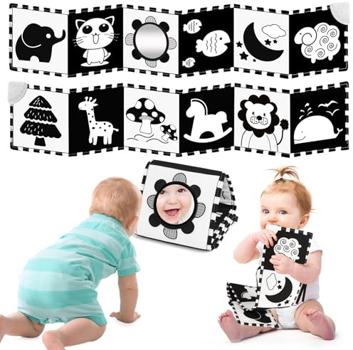 BBWOO contraste libro bebé, blanco y negro juguete bebé, tarjetas de contraste bebé juguete 0 6 meses con anillo de dentición, regalos recién nacidos nacimiento niño niña (negro y mientras libro)
