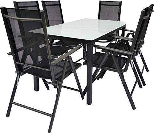 VCM Juego de 7 Piezas de Muebles de jardín de Aluminio de Vidrio Juego de Asientos Grupo de Comedor Grupo de Mesa sillas 140 MA Antracita