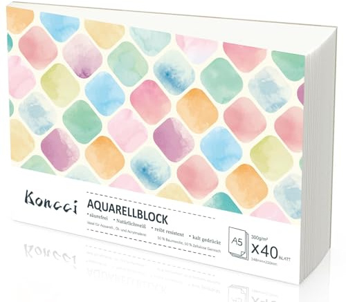 Koncci 40 hojas Papel de Acuarela A5, Prensado en frío de 300g/m²